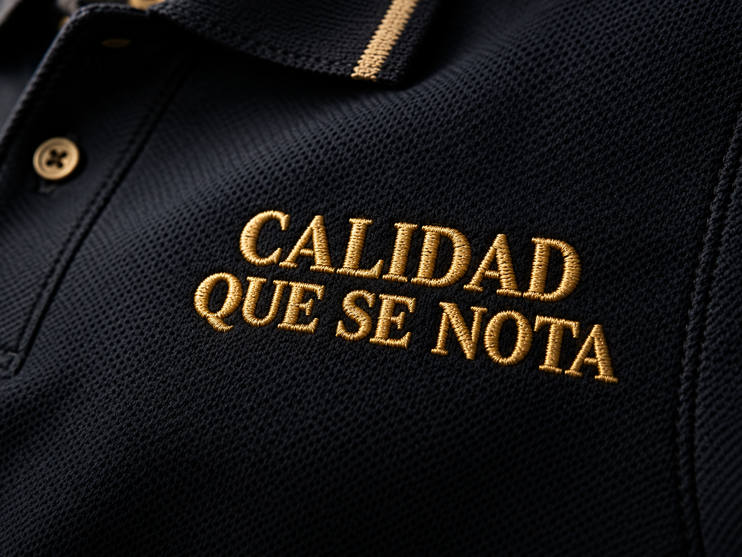 Primer plano de la frase Calidad que se nota bordada con hilo dorado